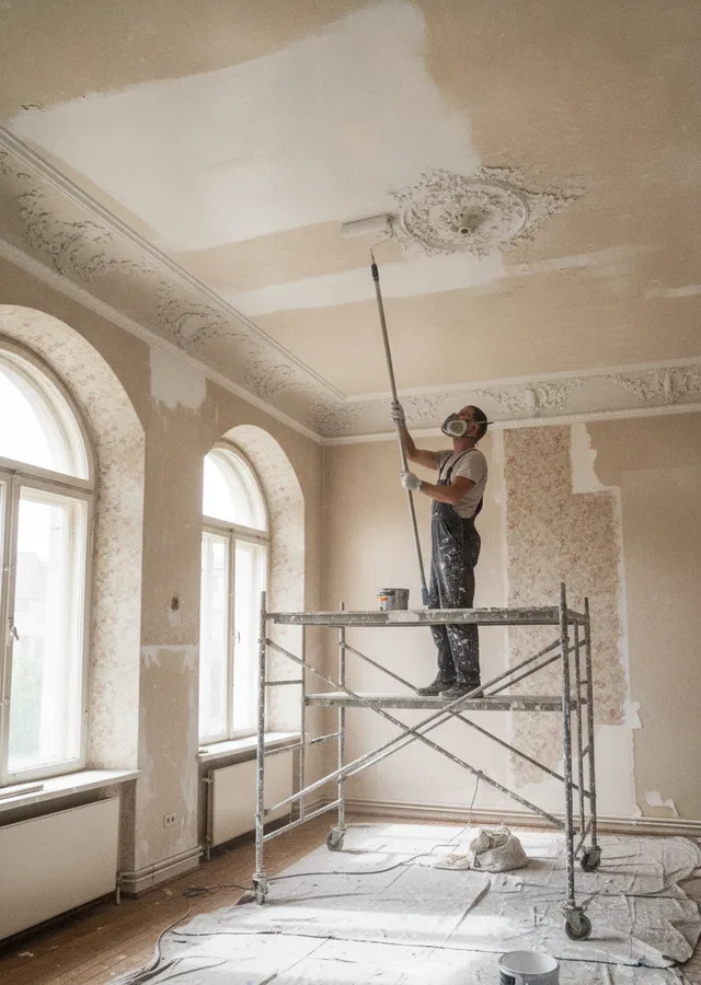Peintre en bâtiment sur échafaudage en Isère